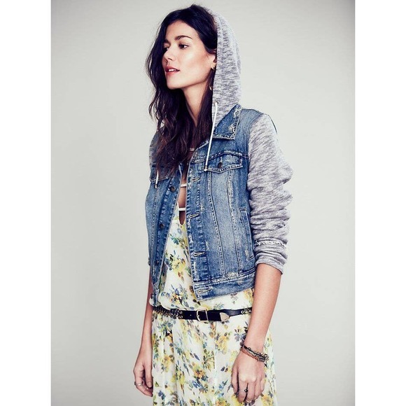 Free People Jacket XS Blue Denim Gray Knit Layered Hoodie Cropped